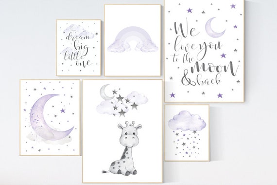 Nursery wall art purple, giraffe, rainbow, nursery decor, giraffe nursery print, nurser decor girl, lilac lavender, moon and back, girl room