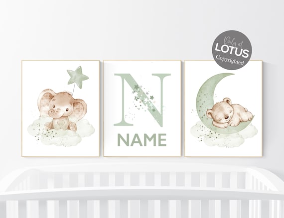 Nursery wall art animals, green nursery, gender neutral nursery, sage green, baby room decor, bear nursery, elephant, animal prints