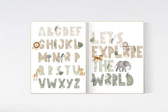 Safari Nursery Wall Art, alphabet print, let's explore the world, alphabet wall art, gender neutral nursery, Animals Nursery Prints