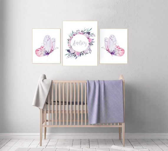 Nursery decor girl butterfly, pink and purple nursery, pink lilac nursery, girl room prints, baby girl nursery wall art butterfly wall art