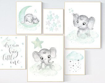 Mint Elephant Nursery Prints: Gender Neutral Decor