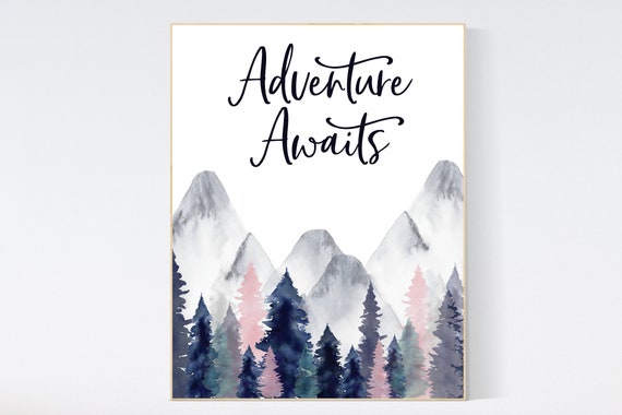 Let her sleep for when she wakes she will move mountains, adventure nursery, mountain nursery, nursery wall art woodland, baby room decor