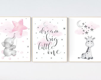 Pink & Gray Nursery Art: Giraffe, Elephant, Stars Print
