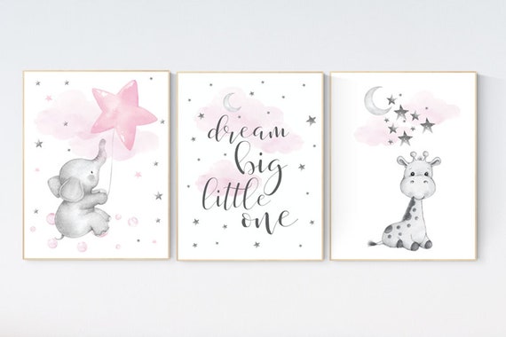 Nursery wall art girl, baby room decor girl pink gray, giraffe nursery, dream big little one, cloud and stars, elephant nursery wall art