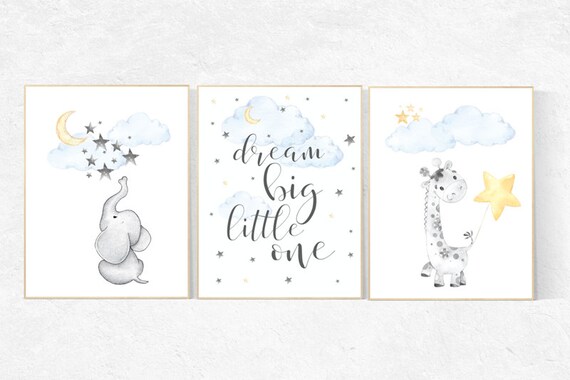 Nursery decor elephant, dream big little one, nursery decor elephant and giraffe, Nursery decor neutral, moon and stars, gender neutral