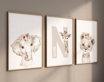 Estampas de animais de safári: elefante floral, girafa, leão