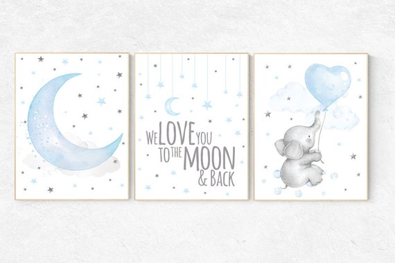 Elephant nursery, we love you to the moon and back, Blue and gray, Nursery decor boy, nursery decor, boys room, clouds and stars, blue grey
