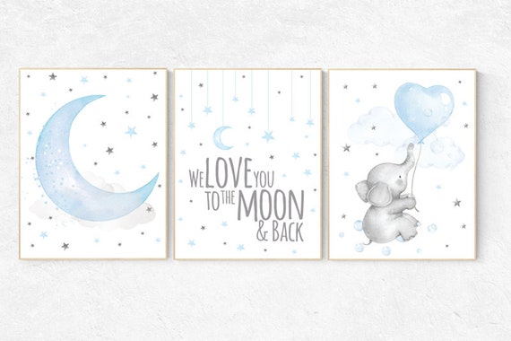Elephant nursery, we love you to the moon and back, Blue and gray, Nursery decor boy, nursery decor, boys room, clouds and stars, blue grey