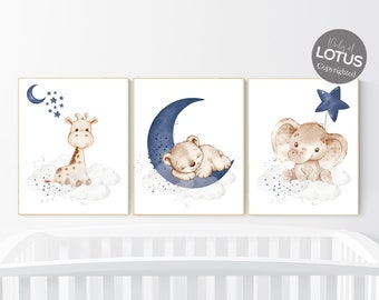 Nursery wall art animals, baby room decor navy blue, baby room decor bear, elephant, giraffe, animal nursery decor, nursery prints