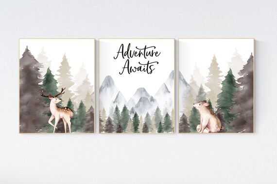 Woodland Nursery Prints, Mountain Print, sage nursery, nursery decor boy mountain, adventure theme nursery, forest, woodland animals