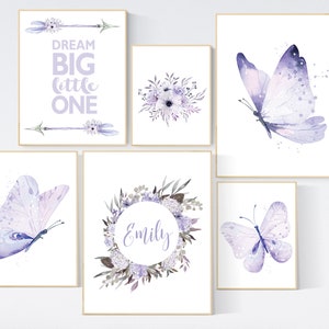 Decoração de berçário menina borboleta, decoração de berçário menina boho, arte de parede de berçário roxo, lilás, lavanda, arte de berçário de borboleta, floral, flor