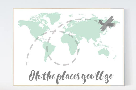 Oh the places you'll go, nursery decor mint green, mint nursery, gender neutral nursery, travel nursery, world map nursery, mint green decor