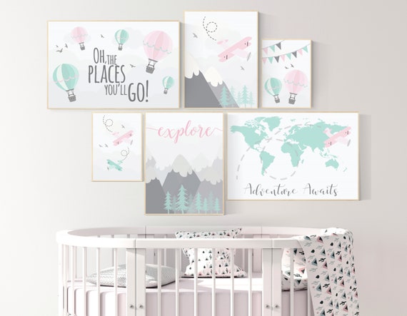 Nursery decor, adventure nursery, mountain nursery art, adventure awaits. mountain, hot air balloon, world map, Pink Mint Grey, coral mint