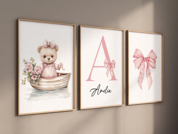 Personalized Girl Nursery Wall Art – Bear in Boat with Pink Flowers, Name Initial, and Bow – Custom Baby Girl Room Decor Set