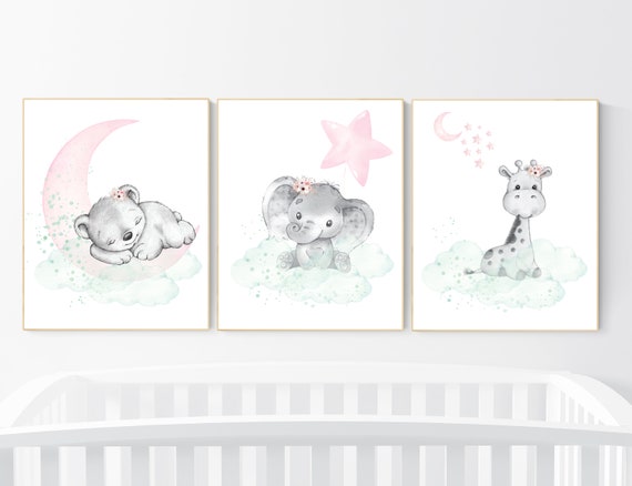 Nursery decor girl pink mint, Nursery wall art girl elephant, pink and mint, moon, stars, nursery prints, baby room decor, girl nursery