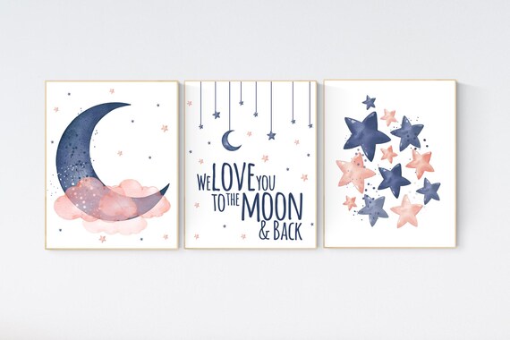 Navy and coral nursery decor, cloud, moon and stars, navy blue and coral nursery art, we love you to the moon and back, moon nursery
