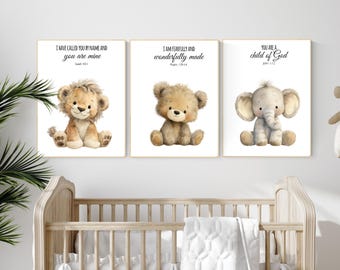 Safari Nursery Prints: Plush Animals, Bible Verse, Christian Decor