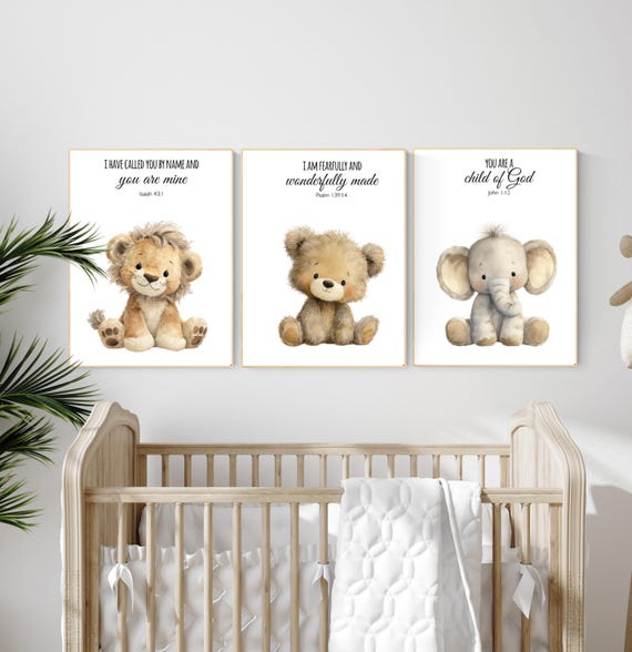 Safari Nursery Prints: Plush Animals, Bible Verse, Christian Decor