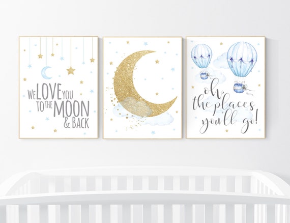 Nursery decor boy elephant, blue and gold nursery, twinkle twinkle little star, blue nursery wall art, cloud and stars, baby room decor