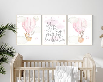 Woodland Nursery Print: Pink Hot Air Balloon Animal Art