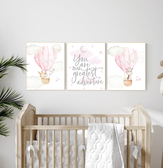 Nursery decor girl woodland, hot air balloon nursery, nursery decor woodland animal, hot air balloon nursery animal, pink nursery print