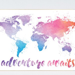 Adventure awaits print, World Map Print, nursery wall art, baby&#39;s nursery room decor, toddler room, gender neutral, kid room, playroom decor