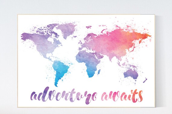 Adventure awaits print, World Map Print, nursery wall art, baby's nursery room decor, toddler room, gender neutral, kid room, playroom decor