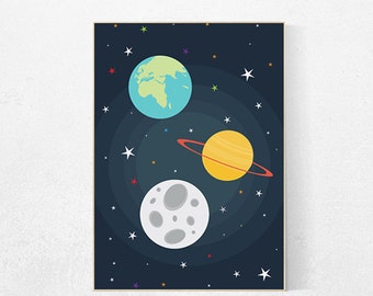 Space Nursery Print: Planets, Moon, Stars Wall Art