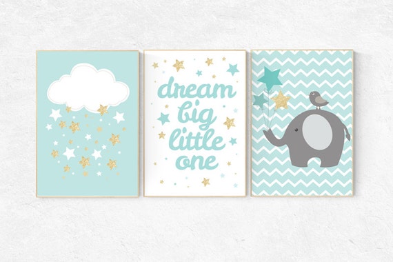 Mint gold nursery, dream big little one, elephant nursery, Mint gold nursery baby shower, set of 3, cloud nursery wall art, nursery wall art