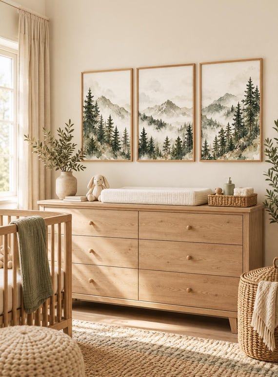 Mountain Nursery Print: Sage Green Forest, Woodland Animals