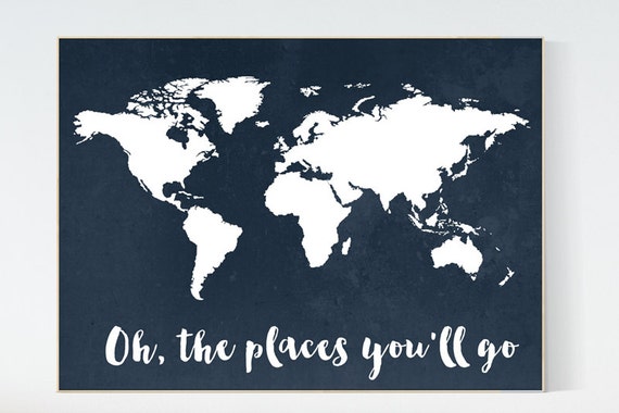 Navy World Map print, oh the places you'll go, Nursery print, Kid's Room Decor, Children's playroom, toddler navy baby wall art, world map