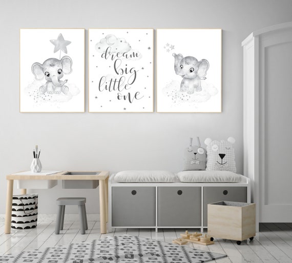 Nursery wall art grey, gray nursery, nursery decor neutral, elephant nursery, baby room decor gender neutral, moon and stars, nursery ideas