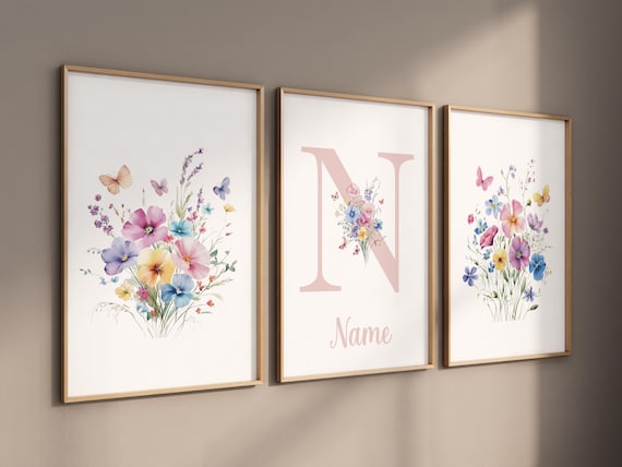 Colorful Wildflower Name Wall Art Set – Personalized Floral Print for Girls – Butterfly Watercolor Nursery Decor – Bright Boho Poster