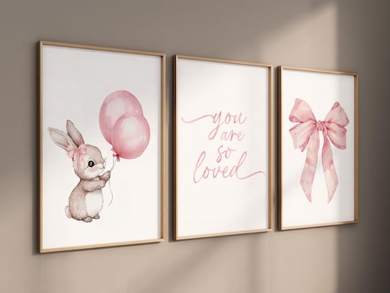 Pink bunny nursery art, watercolor rabbit print, "you are so loved" baby room decor, pastel bow nursery print, baby girl nursery art