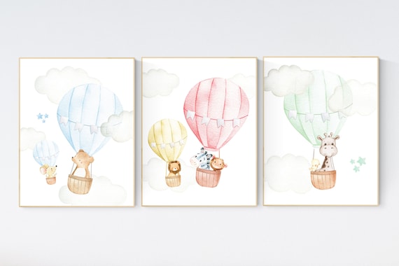 Nursery decor animals, hot air balloon, gender neutral, nursery decor, animal nursery, neutral, unisex, elephant giraffe, bear, nursery art