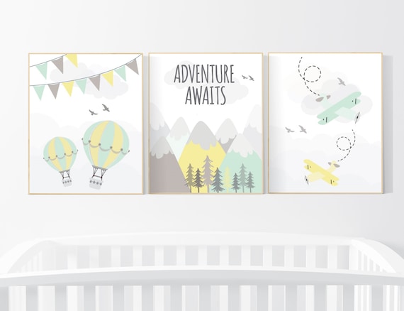 Adventure nursery decor, nursery decor airplane, world map nursery, adventure awaits, yellow mint nursery, travel theme, gender neutral