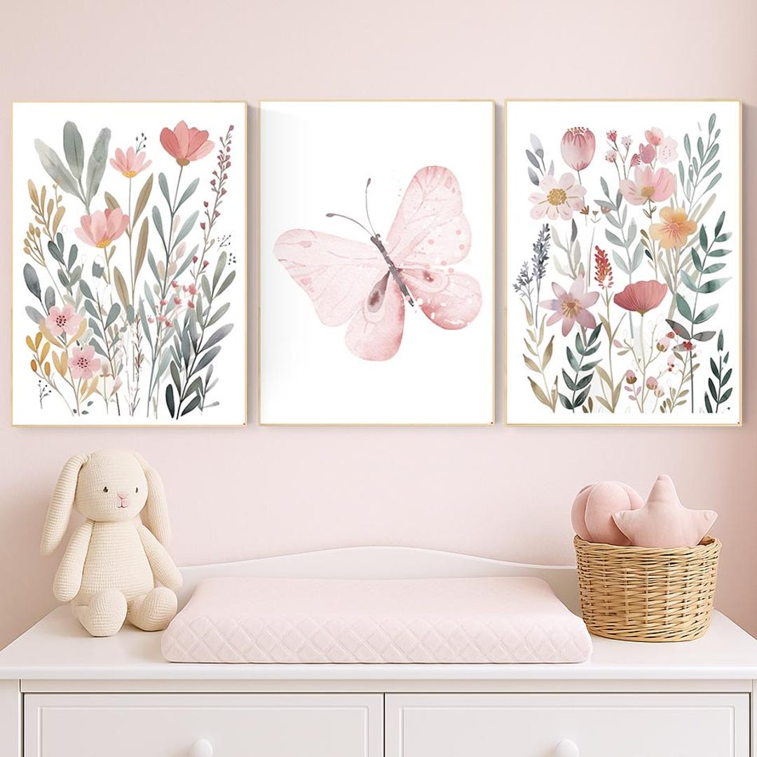 Butterfly Nursery Art Prints: Pink Floral Watercolor, Boho Baby Girl ...