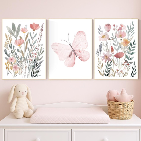 Butterfly and Floral Nursery Wall Art Set - Pink Flowers & Watercolor Butterfly Prints - Baby Girl Room Decor - Boho Botanical Art