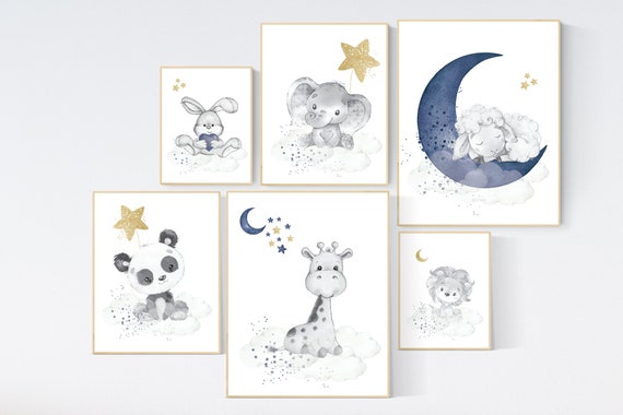 Nursery decor boy animals, elephant, giraffe, sheep, panda, nursery wall art boy, navy Blue gold, moon and stars, boy nursery decor