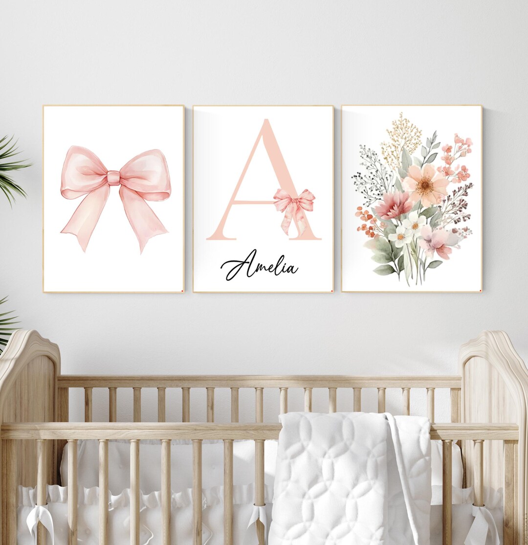 Personalized Nursery Wall Art Set – Blush Pink Bow, Floral & Initial ...