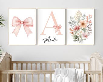 Personalized Nursery Wall Art Set – Blush Pink Bow, Floral & Initial Print