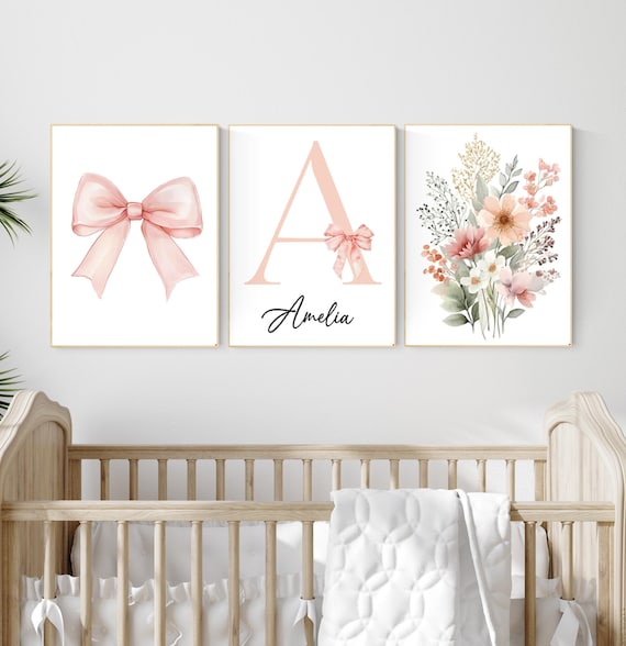 Personalized Nursery Wall Art Set – Blush Pink Bow, Floral & Initial Print