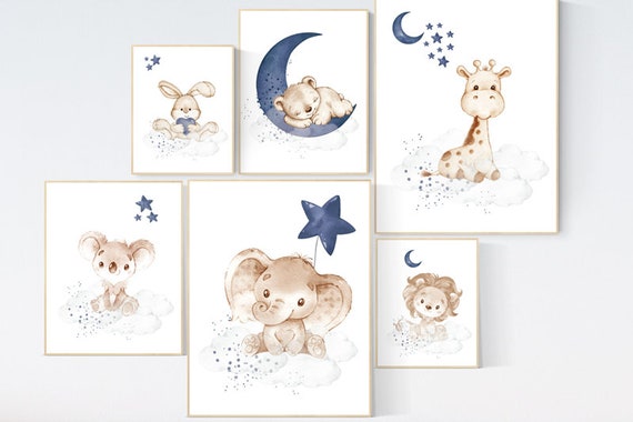 Nursery decor boy animals, moon and stars, navy blue, animal prints for nursery, navy blue nursery, elephant, bear, koala, lion, giraffe
