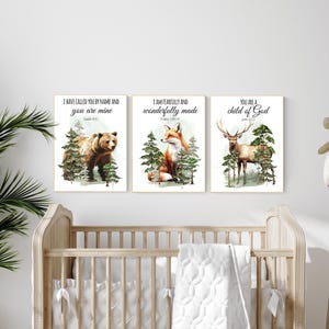 Woodland Nursery Decor: Mountain Animals, Bible Verse Art Print