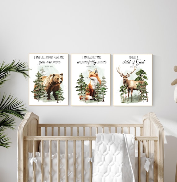 Nursery decor woodland, mountain wall art, tree nursery decor, adventure theme nursery, forest, sage green, bible nursery, verse nursery