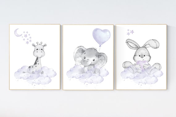 Animal nursery, Purple nursery decor, elephant, giraffe, bunny, woodland animals, lilac nursery decor, lavender, girl nursery, moon stars