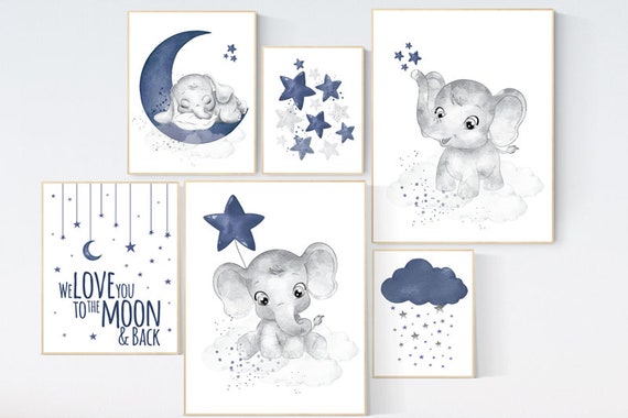 Nursery decor boy elephant, nursery wall art boy, navy Blue, moon and stars, navy nursery, boy nursery decor, elephant nursery art, star