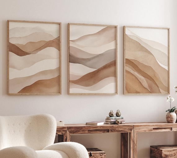 Earth Tone Abstract Wall Art Set – Neutral Watercolor Landscape Prints – Minimalist Brown Beige Modern Boho Home Decor