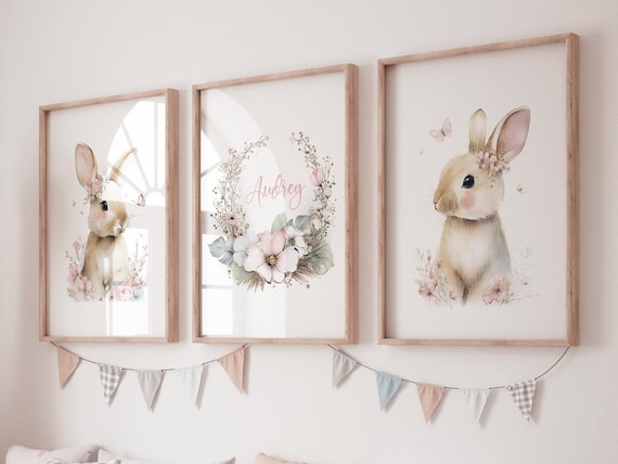 Personalized Bunny Nursery Wall Art Set of 3, Floral Rabbit Prints