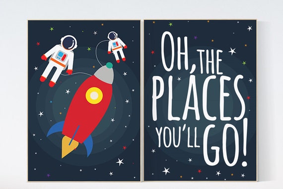 Oh the places you'll go, space theme, nursery decor, outer space nursery wall art, playroom decor, kids room decor, baby boy room, boys room